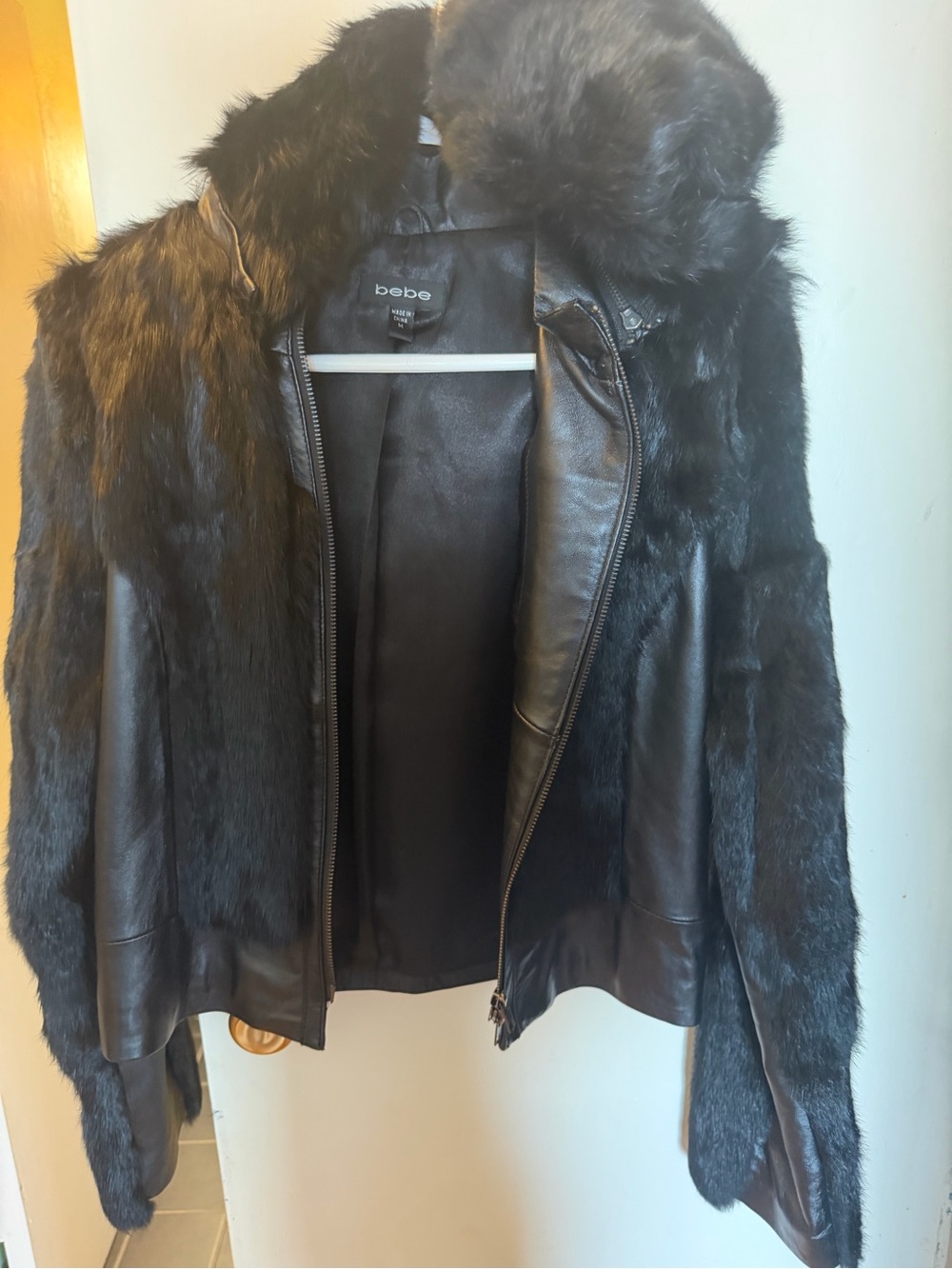 bebe Black Faux Fur Trim Leather Jacket with removable hood
